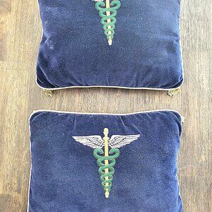 2 Navy Blue Velvet Caduceus Pillows